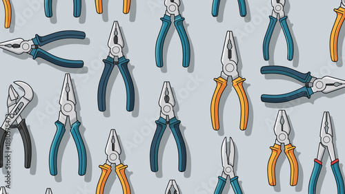 Detailed pattern showing various types of pliers and hand tools in different colors and sizes for professional workshop and hardware themes.