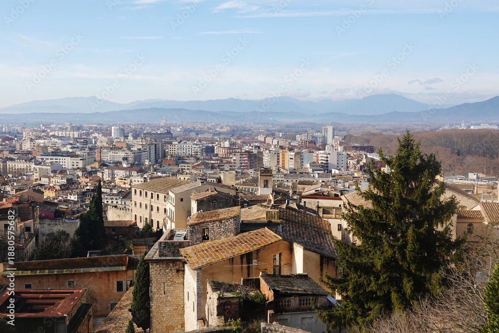 Fototapeta premium The panorama of Girona city opening from castle walls, Spain