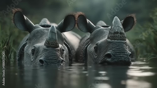 Rhinos in Water - A Close-Up View of Wildlife in Nature.