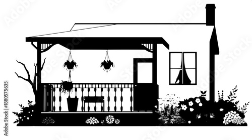 Minimalist black silhouette house artwork with a prominent porch featuring a delicately designed railing, adorned with hanging plants and lush greenery, curtains draped elegantly in the windows, surro
