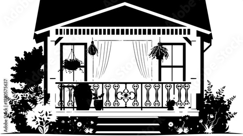 Minimalist black silhouette house artwork with a prominent porch featuring a delicately designed railing, adorned with hanging plants and lush greenery, curtains draped elegantly in the windows, surro
