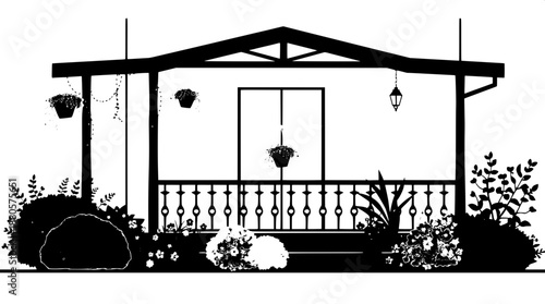 Minimalist black silhouette house artwork with a prominent porch featuring a delicately designed railing, adorned with hanging plants and lush greenery, curtains draped elegantly in the windows, surro