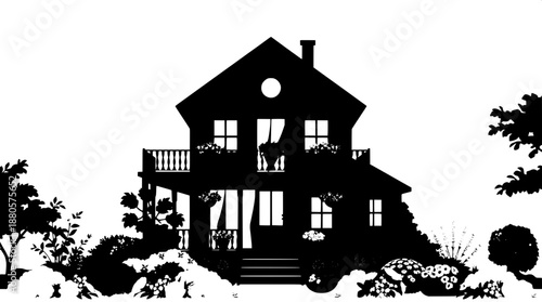 Minimalist black silhouette house artwork with a prominent porch featuring a delicately designed railing, adorned with hanging plants and lush greenery, curtains draped elegantly in the windows, surro