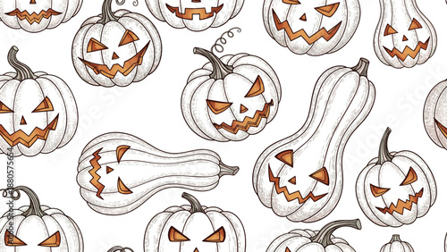 Seamless halloween pattern showing detailed line art illustrations of scary carved pumpkins with glowing eyes and wide toothy mouths.