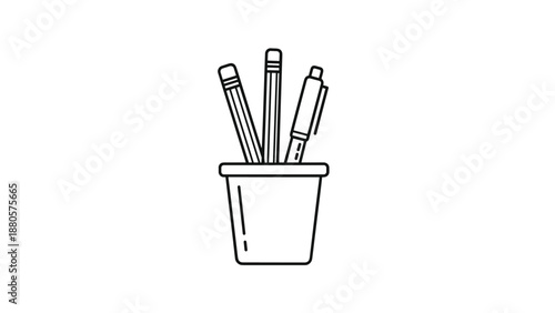 Simple pencil holder cup containing two pencils and a ballpoint pen shown in a clean black and white outline style for office stationery.