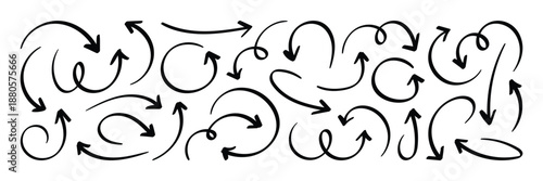 Black hand drawn doodle sketch curved and swirly arrows collection. Hand drawn curved swirl line arrow vector set for infographic. 