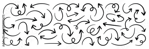 Hand Drawn swirl or twist curved arrows vector. Collection doodle marker arrows in different directions. Black hand drawn doodle arrows vector illustrator. 
