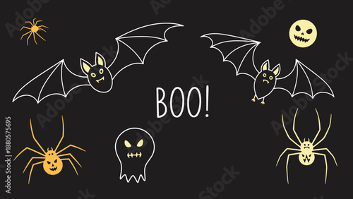 Spooky halloween composition on a black background featuring bats spiders and a ghost with the word boo written in the center of the frame.