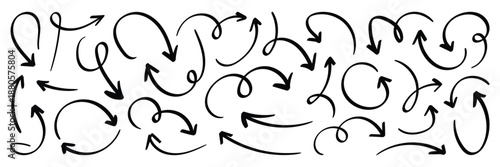 Black hand drawn doodle sketch curved and swirly arrows collection. Hand drawn curved swirl line arrow vector set for infographic. 