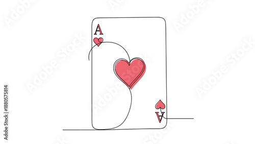 One line drawing of an ace of hearts playing card with subtle pink shading creating a modern and artistic representation of card games.