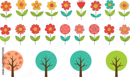 Cute cartoon flower and tree set in flat style for spring nature design, nursery decoration and seasonal vector illustration