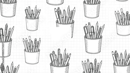 Large collection of pencil holders filled with various writing instruments arranged in a repeating pattern for school and office supply.