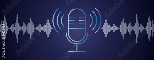 Micrófono de estudio de grabación con ondas de sonido digitales sobre fondo azul oscuro