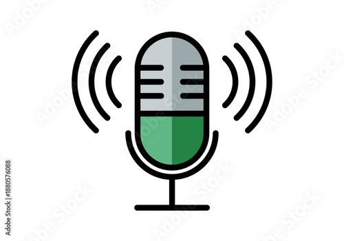 Icono de micrófono de radio y podcast con ondas de sonido en colores verde y gris