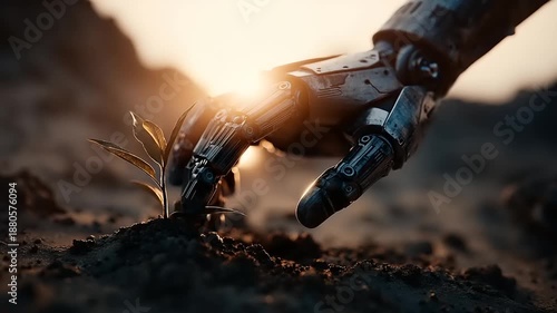 Robot Hand Nurturing a Seedling - A Symbol of Hope.