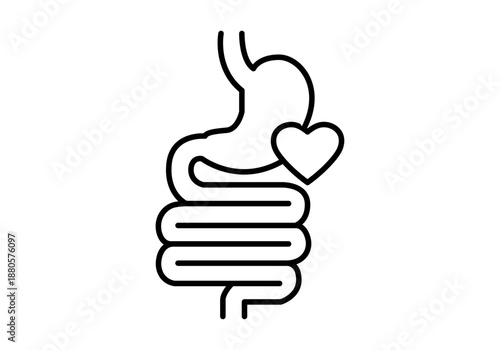 Icono de sistema digestivo humano con estómago e intestinos junto a un corazón de salud