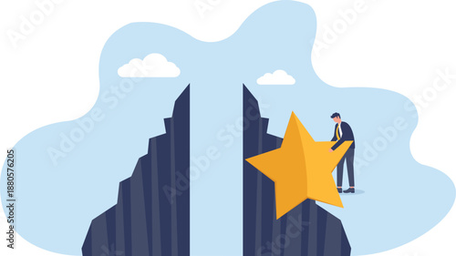 Businessman Fixing Golden Star Over Chasm
