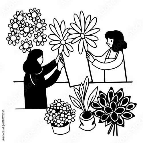 Silhouette illustration of a girl holding a bouquet of flowers in a romantic style