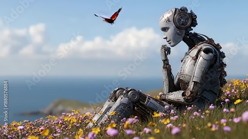 Robots Contemplation - A Moment of Reflection in a Field of Flowers.