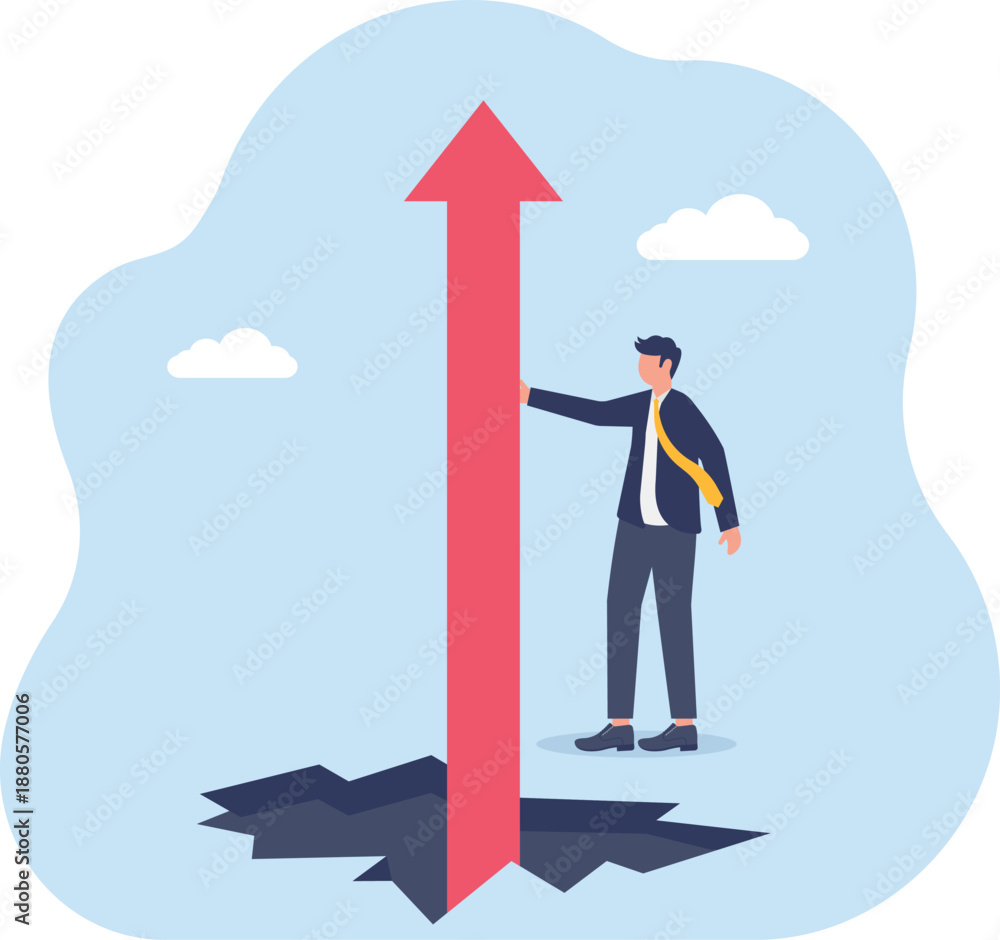 Fototapeta premium Businessman Pushing Large Upward Arrow over Chasm