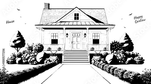 Elegant black shadow illustration of a serene countryside house with a spacious front porch, steps leading to a classic wooden door, surrounded by a meticulously manicured symmetrical garden filled wi