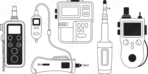 Collection of electronic devices and communication equipment outlined in black and white
