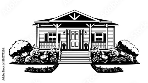 Elegant black shadow illustration of a serene countryside house with a spacious front porch, steps leading to a classic wooden door, surrounded by a meticulously manicured symmetrical garden filled wi