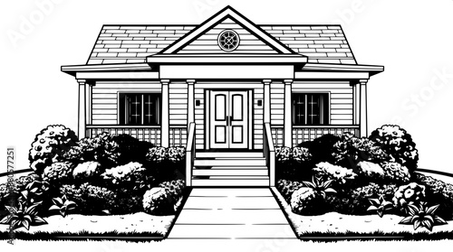 Elegant black shadow illustration of a serene countryside house with a spacious front porch, steps leading to a classic wooden door, surrounded by a meticulously manicured symmetrical garden filled wi