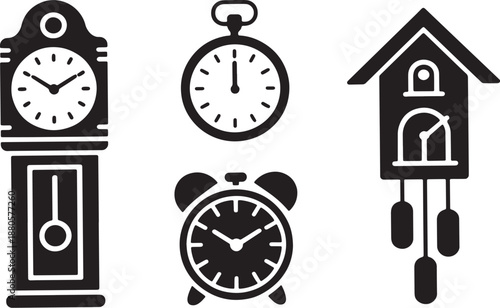 Collection of four black silhouette vintage timekeeping devices including a grandfather clock a pocket watch an alarm clock and a cuckoo clock