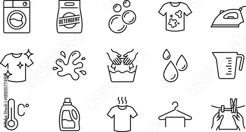 Set of Laundry Line Icons for Household Clothing Care, Washing Machine Services, Garment Ironing, Fabric Detergent Products, Textile Maintenance, Professional Dry Cleaning, and Housework.