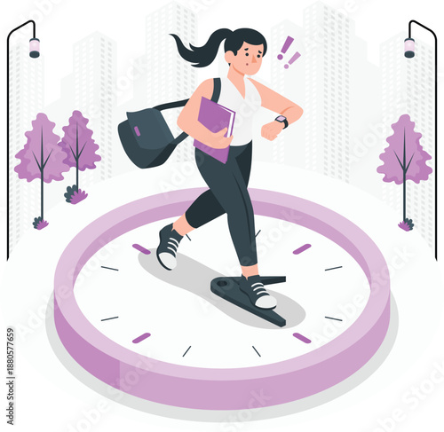 Woman jogging in urban setting with clock in the foreground