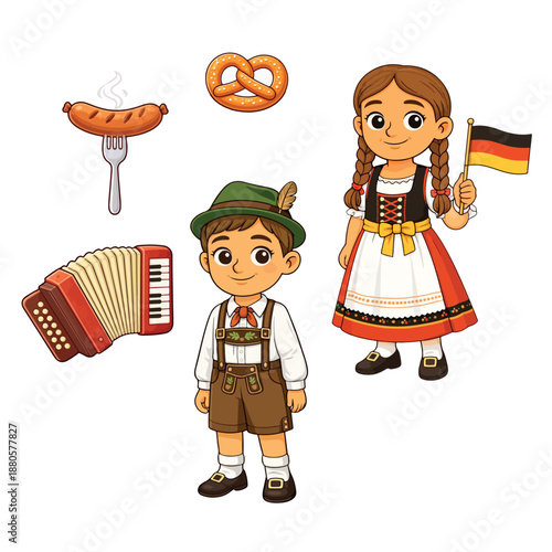 German culture children traditional costumes sausage pretzel accordion cartoon illustration set