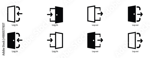 login and logout icon set. Professional login and logout exit icons with solid fill and outline variations for modern digital interfaces and user experience design
