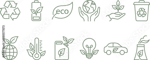Eco and environmental icons set with recycling symbol, leaf elements, earth in hands, eco car, factory, battery, and light bulb in green outline vector style