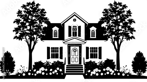 Flat vector silhouette of a classic American-style home with a prominent front door, decorative windows featuring intricate details, and a slightly arched roofline, set against a clean background, wit