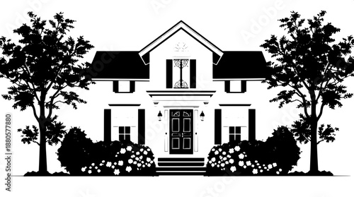 Flat vector silhouette of a classic American-style home with a prominent front door, decorative windows featuring intricate details, and a slightly arched roofline, set against a clean background, wit