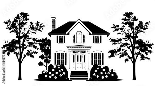 Flat vector silhouette of a classic American-style home with a prominent front door, decorative windows featuring intricate details, and a slightly arched roofline, set against a clean background, wit