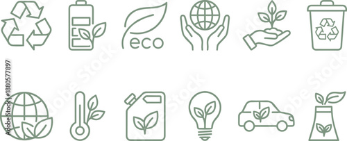 Eco and environmental icons set with recycling symbol, leaf elements, globe in hands, eco car, factory, battery, and light bulb in green outline vector style