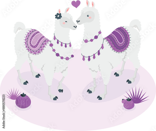 Two llamas adorned with purple decorations facing each other surrounded by plants and a heart symbol above