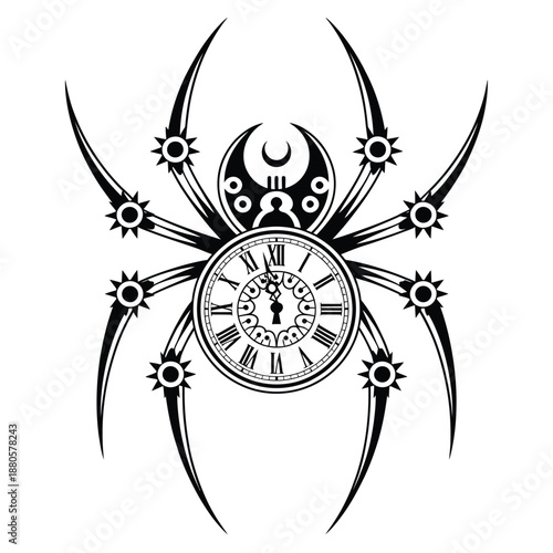 a black and white spider with a clock on its body