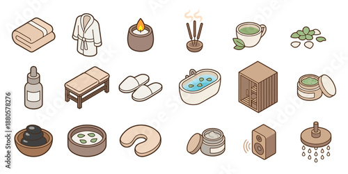 Isometric Spa Wellness Equipment and Relaxation Treatment Vector Set Minimalist Flat Icon Collection for Beauty and Health