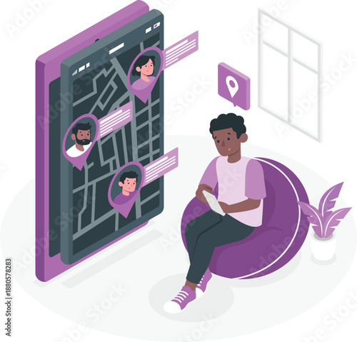 Man sitting on bean bag chair using digital device with map interface and profile icons