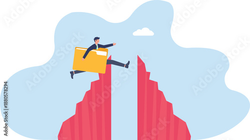 Businessman Jumping Between Red Cliffs with Documents
