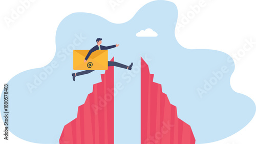 Businessman Jumping Between Red Cliffs with Folder