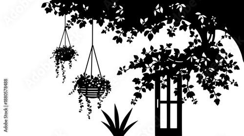 Stencil art house illustration featuring solid black shapes with detailed foliage and a hanging basket plant suspended from the roof, all set against a clean negative space background, rendered in a p