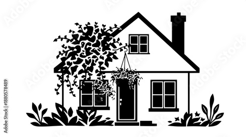 Stencil art house illustration featuring solid black shapes with detailed foliage and a hanging basket plant suspended from the roof, all set against a clean negative space background, rendered in a p