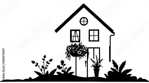 Stencil art house illustration featuring solid black shapes with detailed foliage and a hanging basket plant suspended from the roof, all set against a clean negative space background, rendered in a p