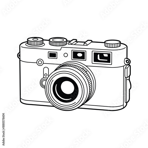 a black and white drawing of a camera with a lens