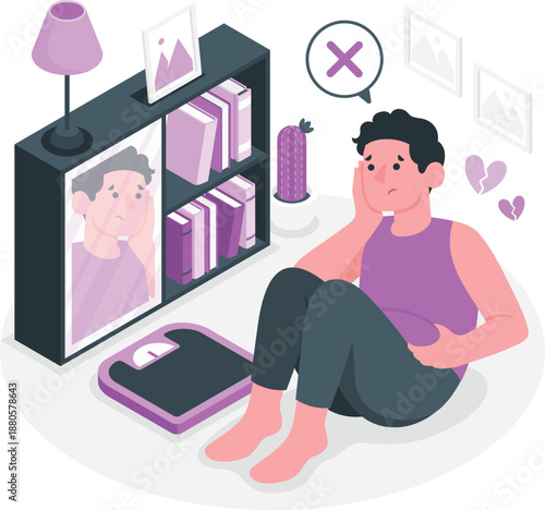 Person sitting on floor with scale and media display, lost in thought, surrounded by hearts and rejection symbol