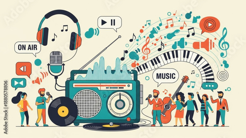 Vibrant music festival scene with people enjoying live band performance and dj equipment